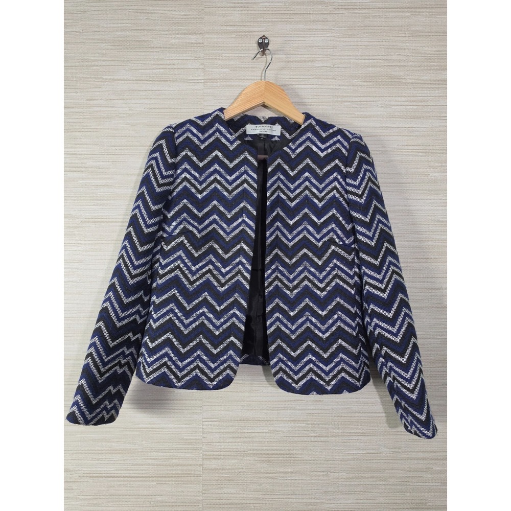 Tahari Arthur S. Levine Blazer Jacket Womens 2P Blue Black Chevron Open Front